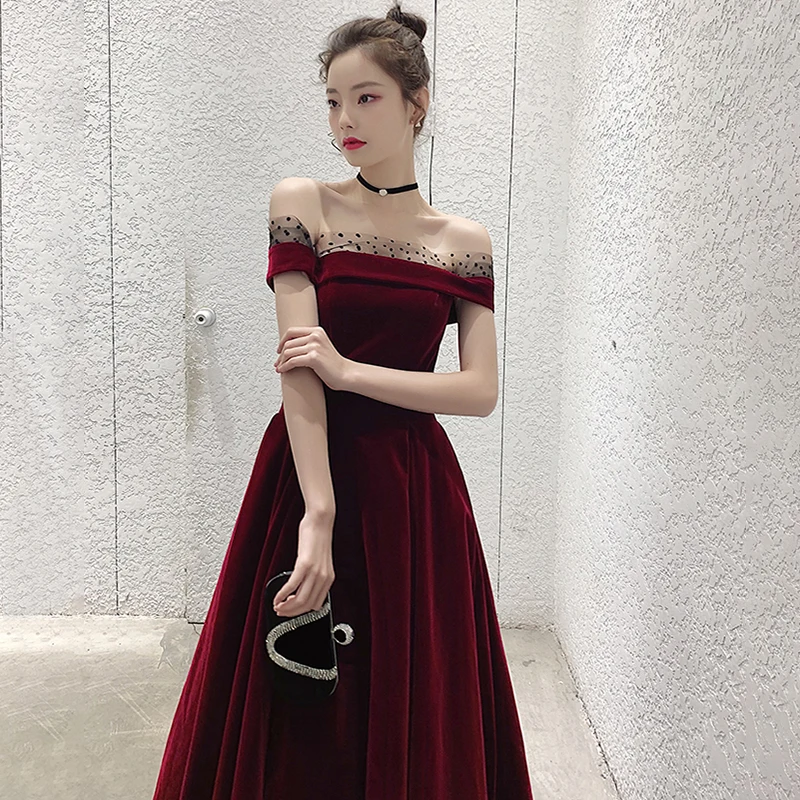 Evening Dresses Off the Shoulder Dots Burgundy Velour Pleat A-line Floor-length Plus size Customized Lace up Formal Dress A001