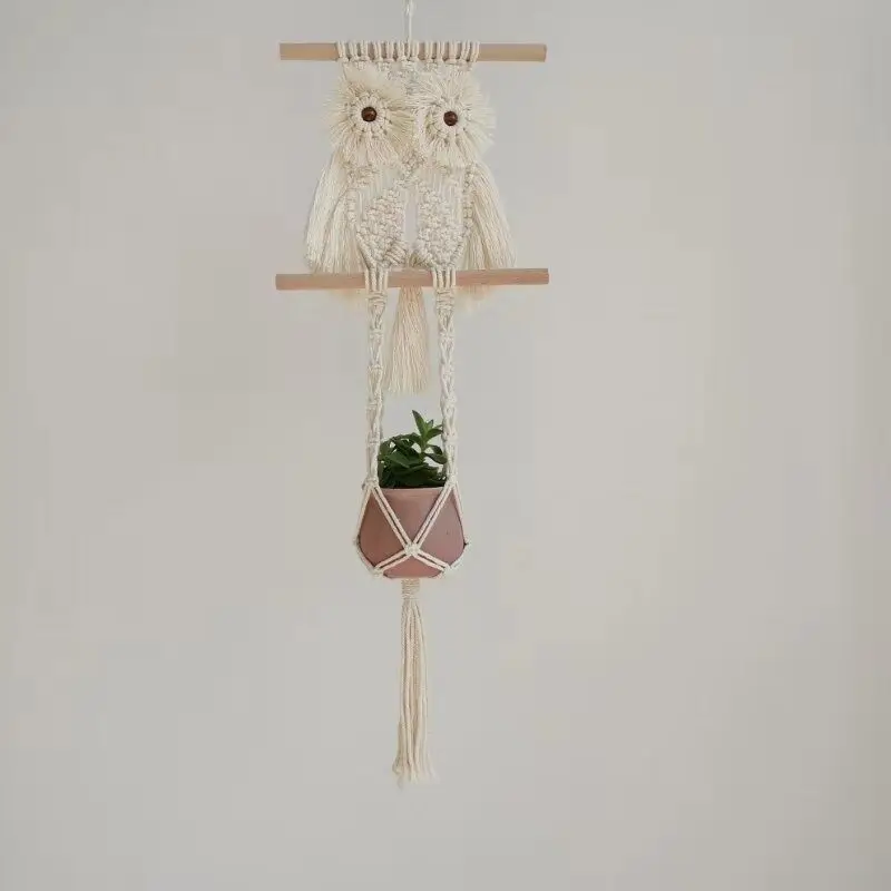 Children's Room Woven Flower Pot Hanging Basket Handmade Hemp Rope Owl Flower Pot Hanging Basket Bonsai Storage Decoration