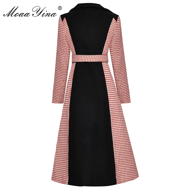 MoaaYina Fashion Designer Woolen cloth Overcoat Winter Women Long sleeve Double breasted lace-up Houndstooth Overcoat