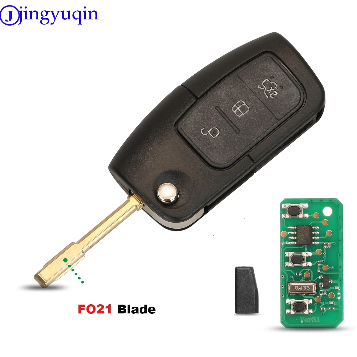 Jingyuqin Car Remote Key Fob ASK 433Mhz For Ford Fiesta Focus 2 Ecosport Kuga Escape C Max Ka Fob HU101 / FO21 3 Buttons