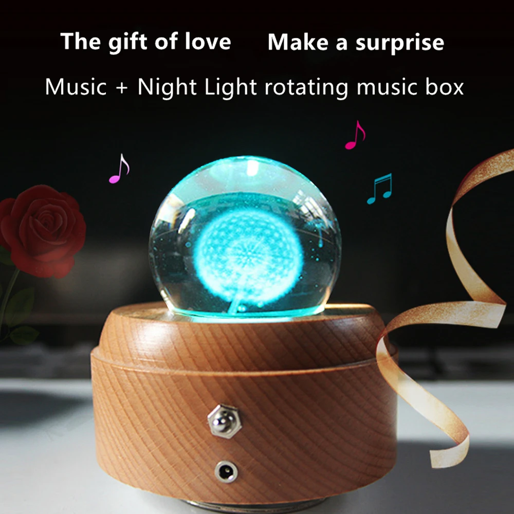 Wooden Rotating Music Box Crystal Ball Music Box Gift Box Children's Night Light for Children Decoration for Bedroom Decor Gifts