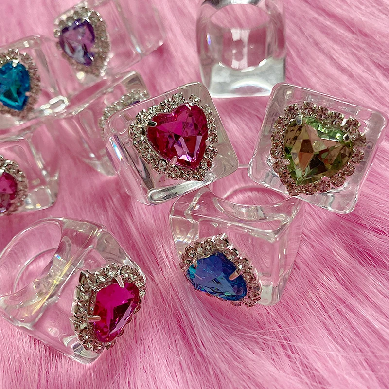 Egirl Aesthetic Rainbow Crystal Peach Heart Rings for Women Y2K Jewelry Harajuku Cute DIY Shiny Rings 2000s Fashion Friends Gift