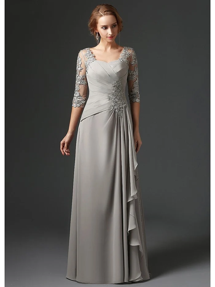 Silver 2019 Mother Of The Bride Dresses A-line 3/4 Sleeves Chiffon Lace Plus Size Long Elegant Groom Mother Dresses Wedding