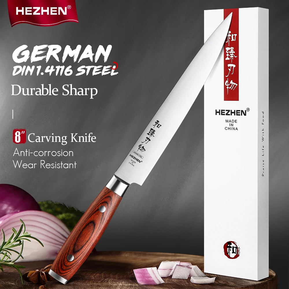 HEZHEN 8 Inches Carving Knives High Carbon German Stainless Steel Pakka Wood Handle Beautiful gift box Kitchen Cook Knife