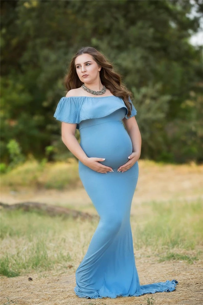 Sky Blue Night Robes Maternity Dress for Photoshoot or Babyshower Photo Shoot Lady Sleepwear Bathrobe Sheer Nightgown