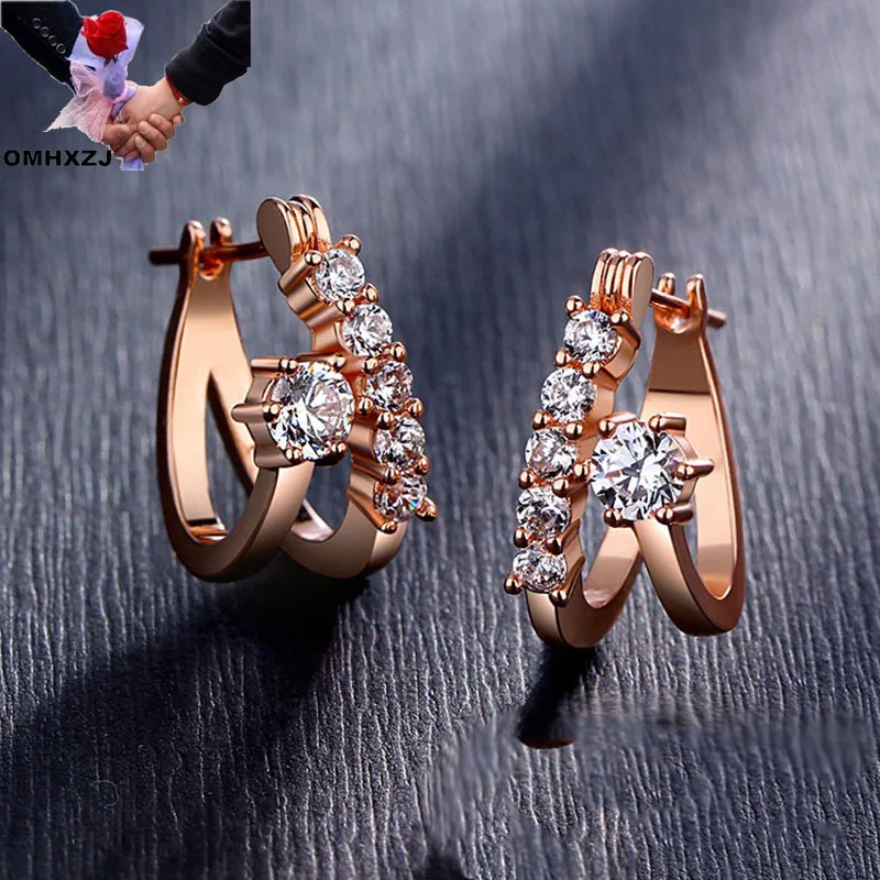 OMHXZJ Wholesale EA674 European Fashion Fine Woman Girl Party Birthday Wedding Gift Zircon 18KT White Rose Gold Hoop Earrings