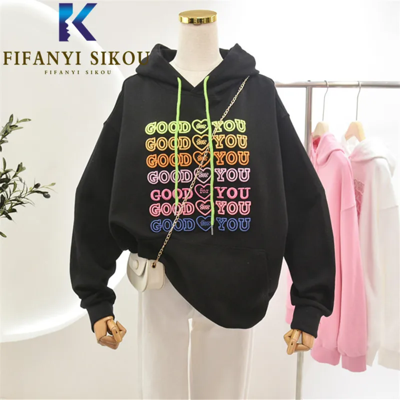 

2021 Autumn Thin Sweatshirt Women Letter Embroidery Fashion Hoodies Long Sleeve Loose Pullover Female Casual Hooded Sweatshirts