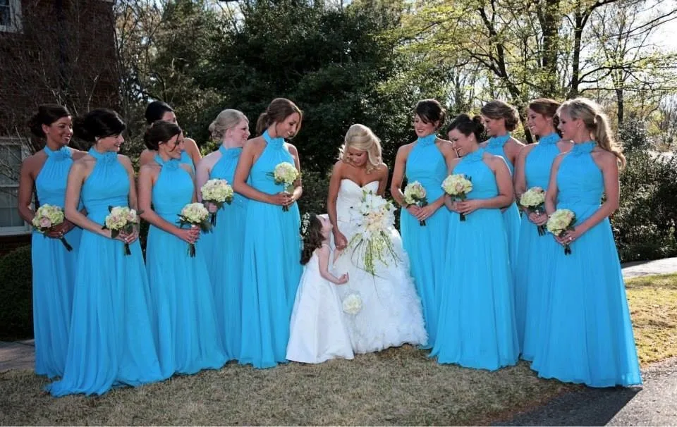 

Blue chiffon long Bridesmaid Dresses 2015 Halter Pleat high neck Vestidos De Festa Longo a-line flowers Party Dress