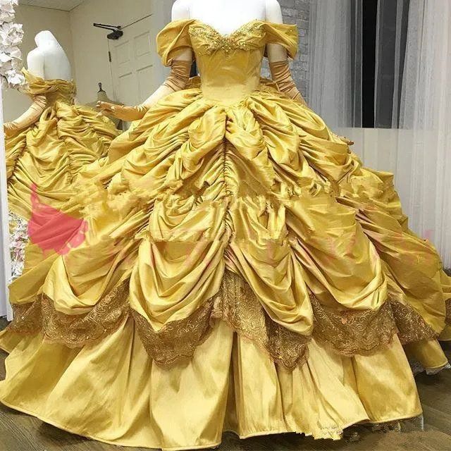 2020 lindo ouro quinceanera vestidos fora do ombro princesa tafetá gothic bola vestido babados saia doce 16 18 vestidos de baile