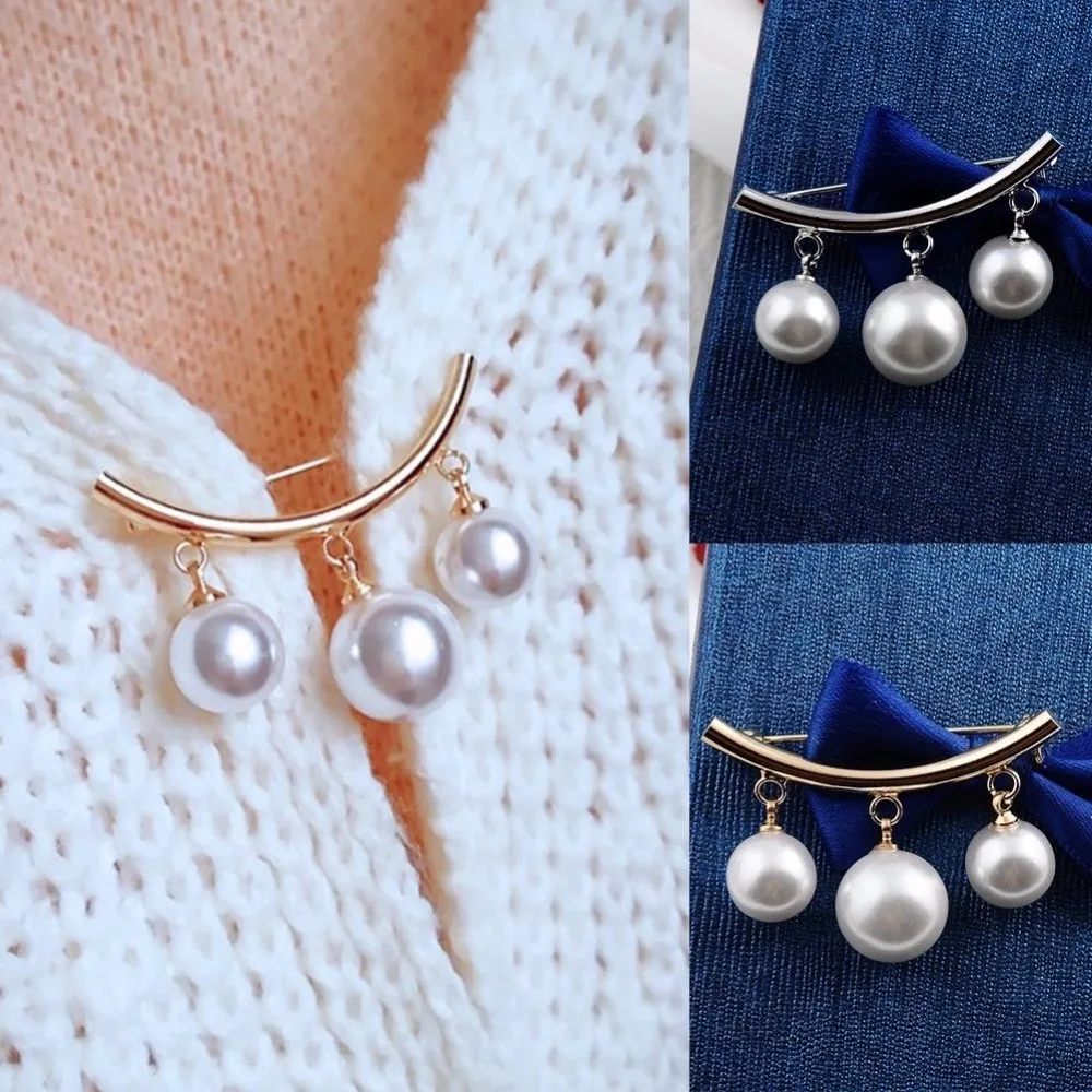 Fashion Pearl Fixed Strap Charm Safety Pin Brooch Sweater Cardigan Clip Chain Brooches Jewelry