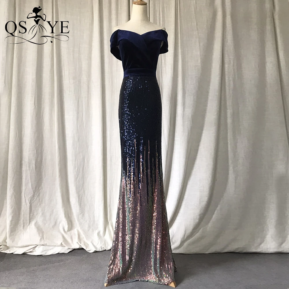 

Off Shoulder Navy Evening Dresses Mermaid Velvet Prom Party Gown Fading Sequin Blue Crisscross Formal Fitted Celebrity Dress