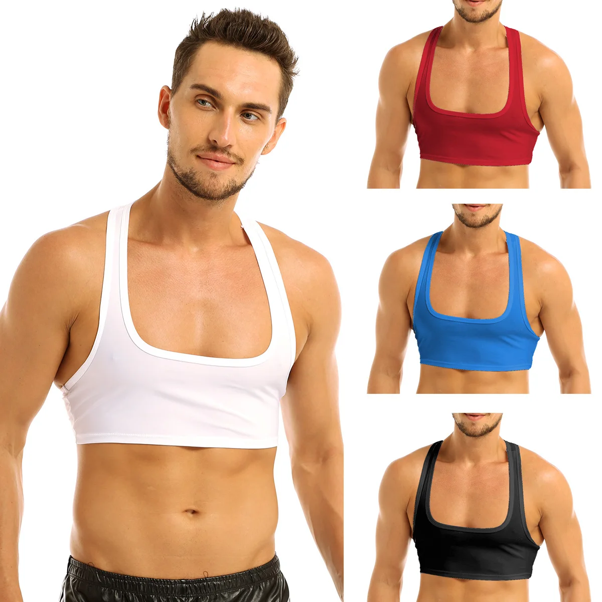 Mens Sleeveless Y Back Muscle Shirts Half Tank Top Vest Tee T-shirts Clubwear Cropped Yoga Tops Fitness Sportswear