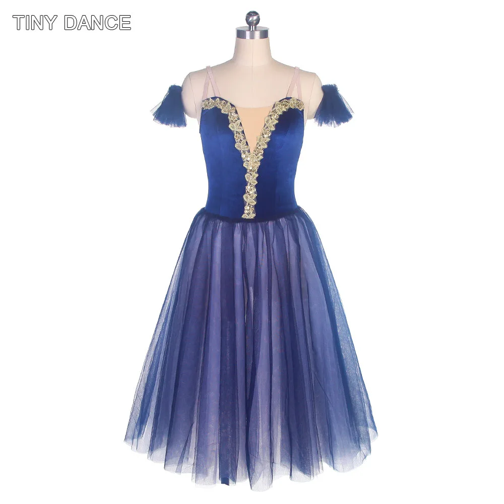 Dark Blue Camisole Ballet Dress Girls Long Ballet Dance Tutu with Soft Tulle Arm Bands Performance Costume Leotard Dress 19070