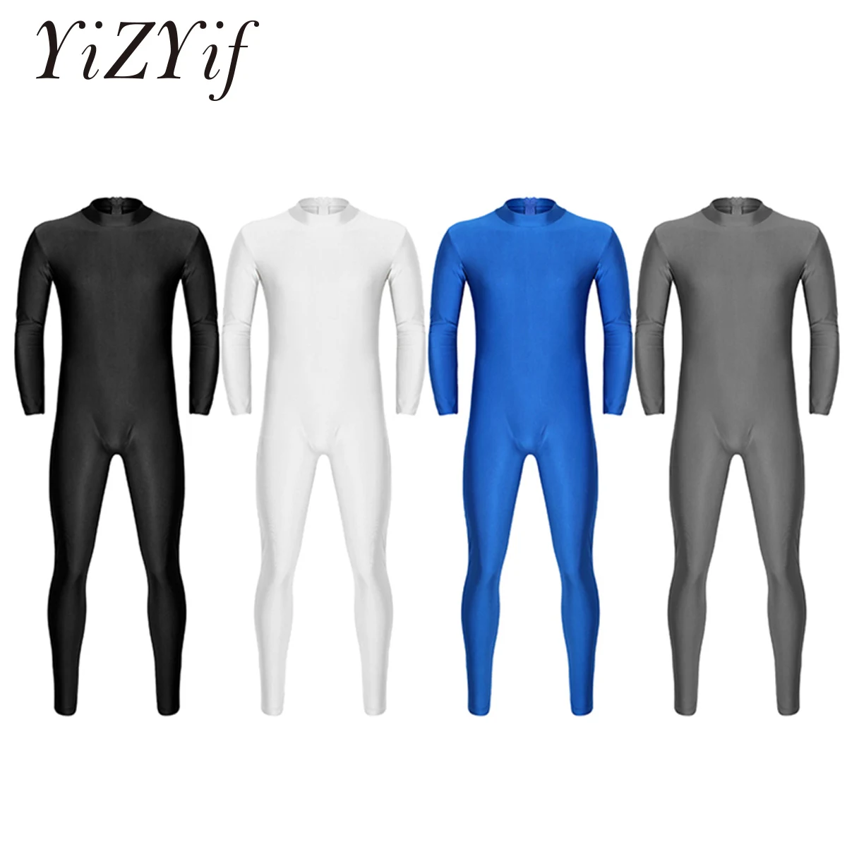 

YiZYiF Mens Adults Unitard Bodysuit Dancewear Well Fit One Piece Mock Neck Long Sleeve Skin-Tight Solid Color Bodysuit Leotards