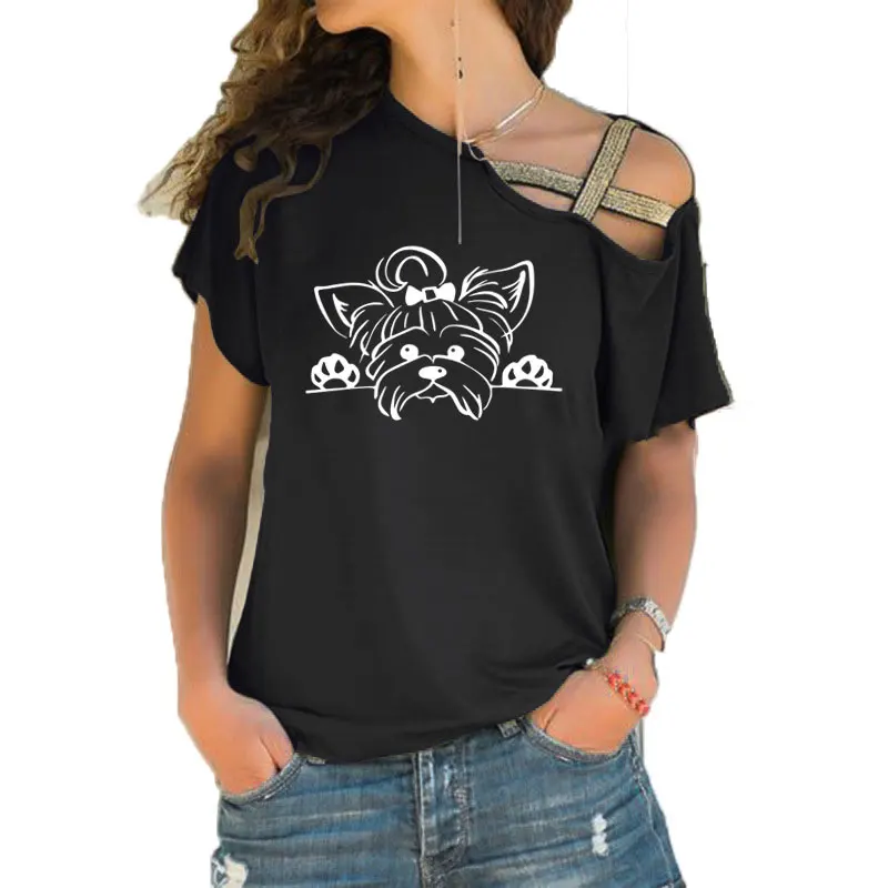 Yorkshire Terrier T Shirt donna cotone manica corta ragazze Tshirt cucciolo Peeking Yorkie Dog T-shirt irregolare inclinazione croce fasciatura T