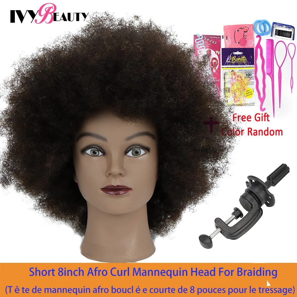 Afro Mannequin Head Real Human Hair Hairdressing Head African Salon Traininghead Manikin Cosmetology Doll For Braiding Styling