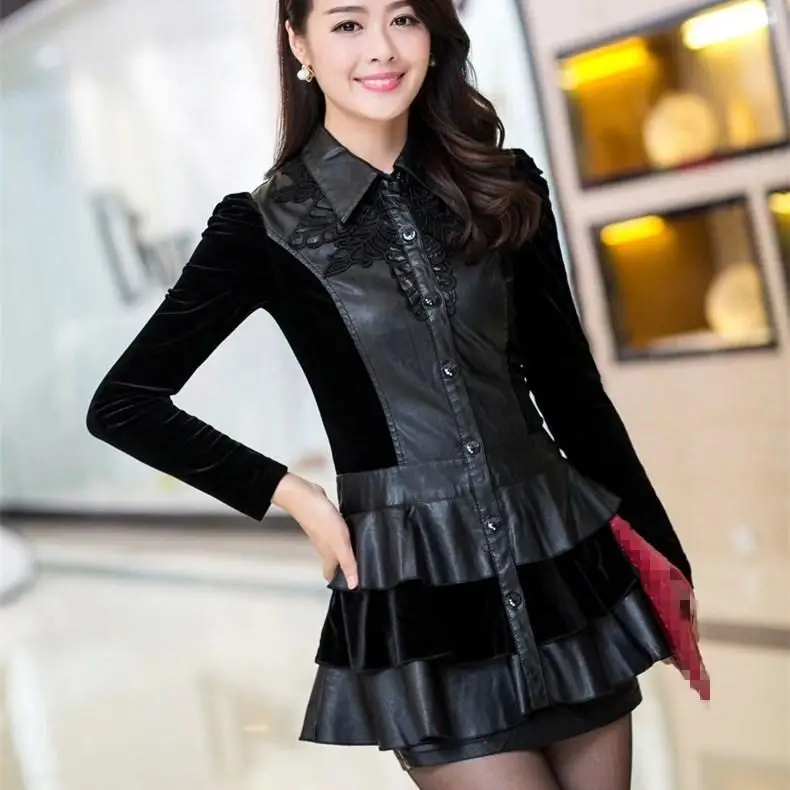 4Xl Autumn Winter Pu Leather Black Jacket Women Long-Sleeve Thin Long Outerwear Casual Turn-Down Collar Slim Coat