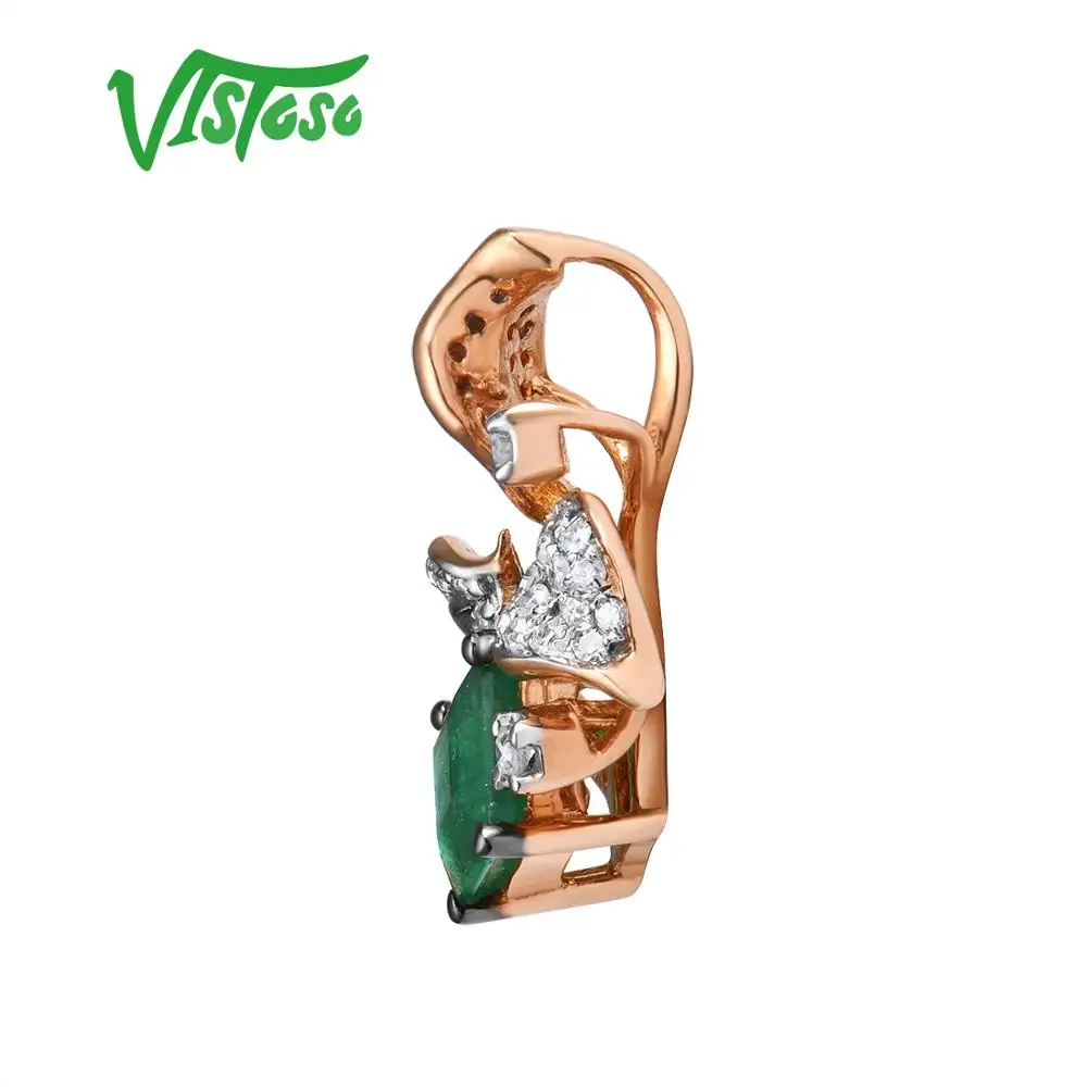 VISTOSO Gold Pendants For Women Authentic 14K 585 Rose Gold Leaves Magic Emerald Sparkling Diamond Pendant Elegant Fine Jewelry
