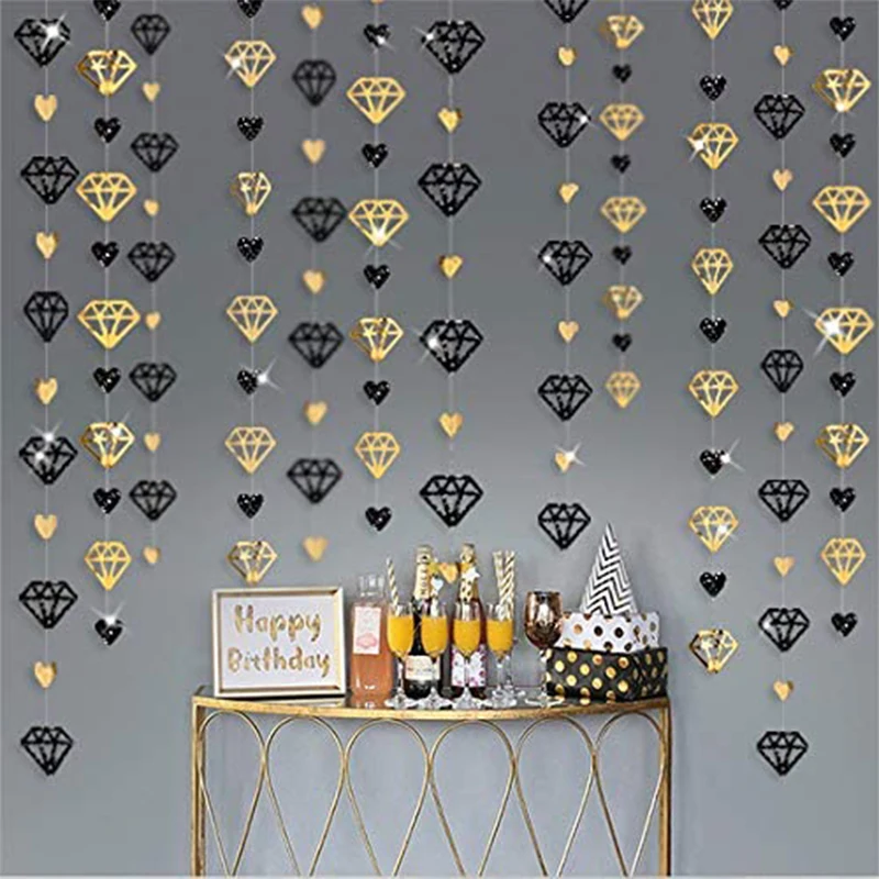 

13Ft Metallic Paper Black Gold Diamond Heart Love Garlands Hanging Banner For Engagement Bachelorette Birthday Party Decorations