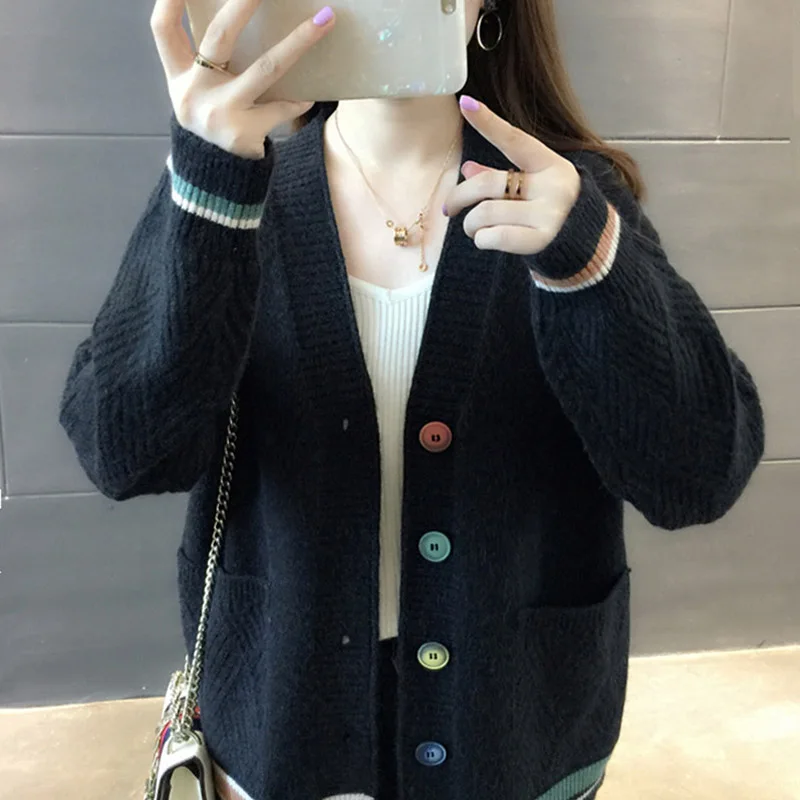 Zoki Fashion V Neck Women Cardigan Sweater Autumn Long Sleeve Single Breasted Knit Coat Casual Korean Striped Pocket Sweater