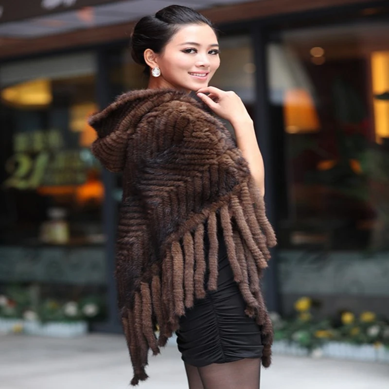 Autumn and winter fashion women fur cape knitted shawl real mink fur hooded cape