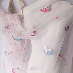 Pink mesh embroidery lace fabric cartoon animal unicorn embroidered tulle fabric DIY skirt women's children's clothing fabric
