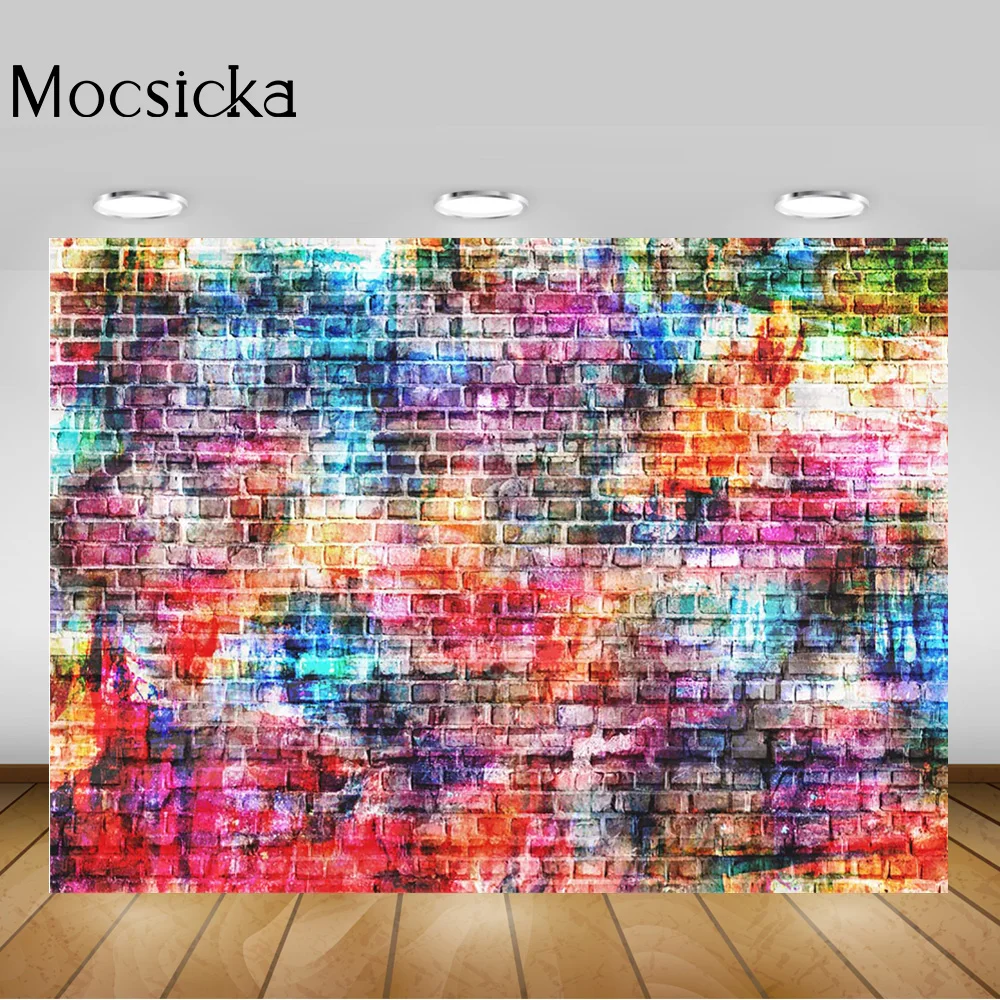 Colorful Brick Wall Photography Backdrops Rainbow Painting Graffiti Brick Backdrop Children Birthday Party Decoration Background