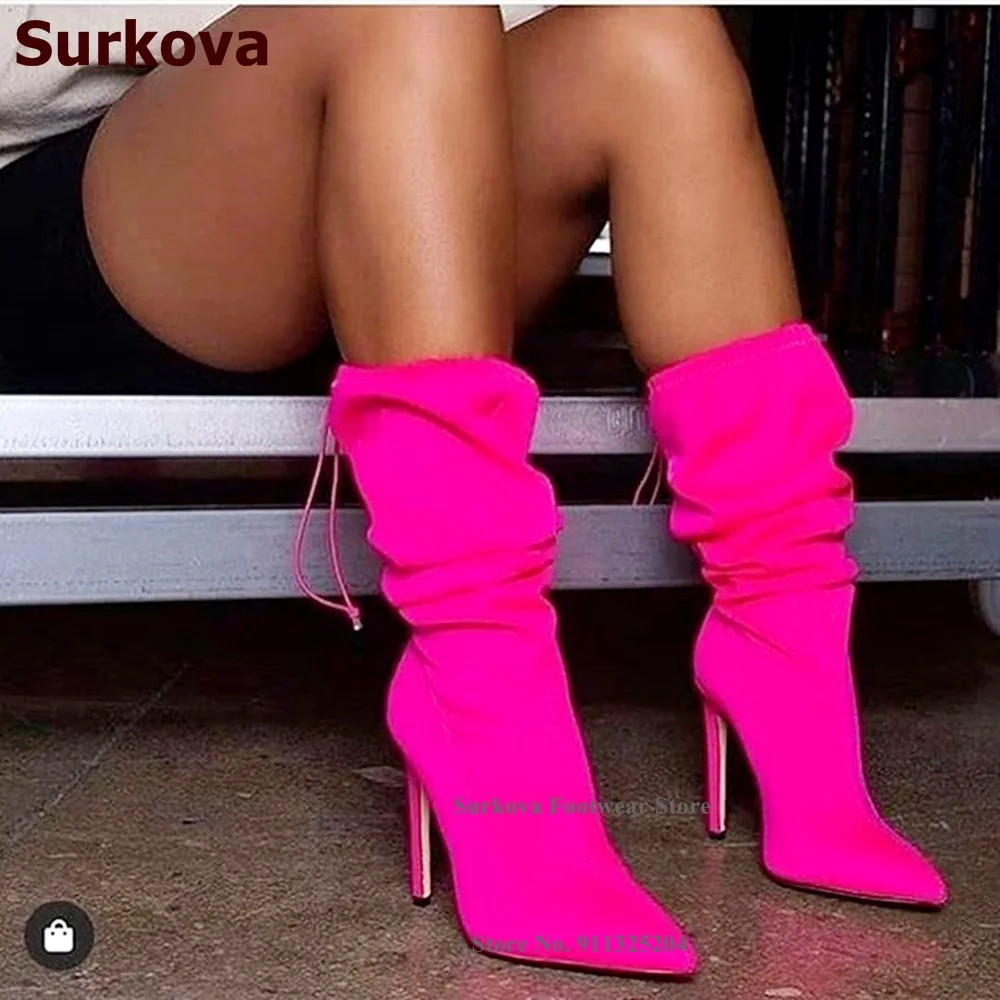 Surkova Pink Royal Blue Lycra Adjustable Drawstring Mid-calf Boots Thin High Heel Pointed Toe Middle Boots Lace-up Pleated Shoes