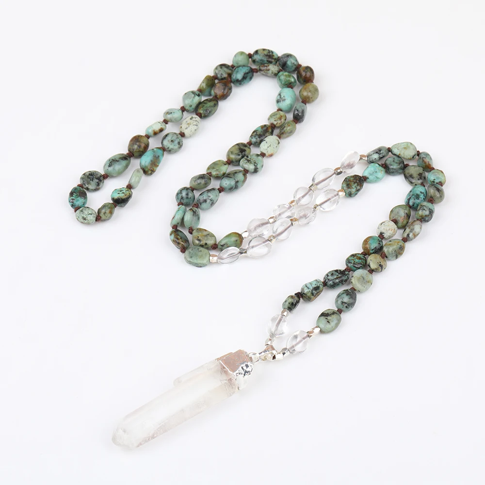 

Natural White Quartz Freeform Point Pendant White Quartz African Turquoises Chip Beads Cord Knotted Handmade Necklace N0266JBDJ