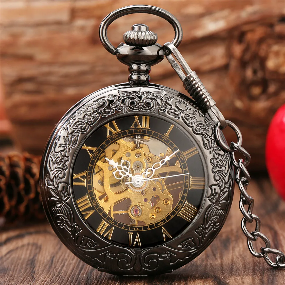 Gold Roman Numerals Transparent Glass Manual Mechanical Pocket Watch Retro Chain Clock Gift for Male Antique Hand Winding Clock