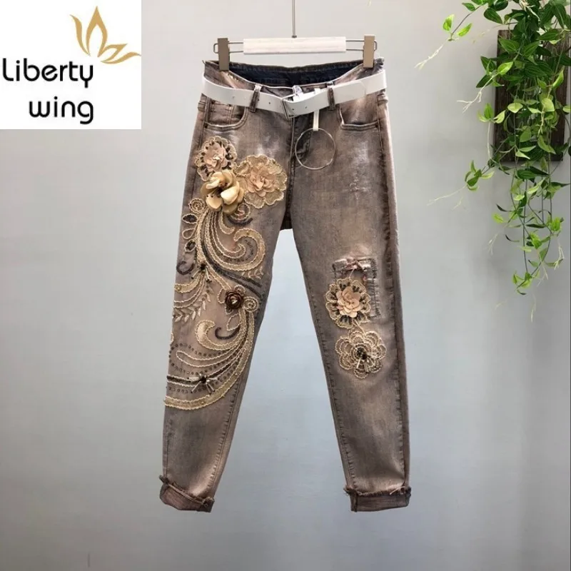 Women 3D Flower Sequins Patchwork Stretch Denim Pencil Pants Street Punk Pocket Long Trousers Female Streetwear Casual Jeans