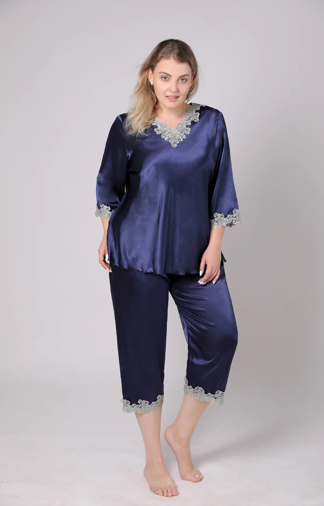 Pyjama en satin à manches longues pour femme, ensemble de 2 pièces, dentelle sexy, fleur, sommeil trempé, salon, vêtements de nuit, lingerie XL-6XL,