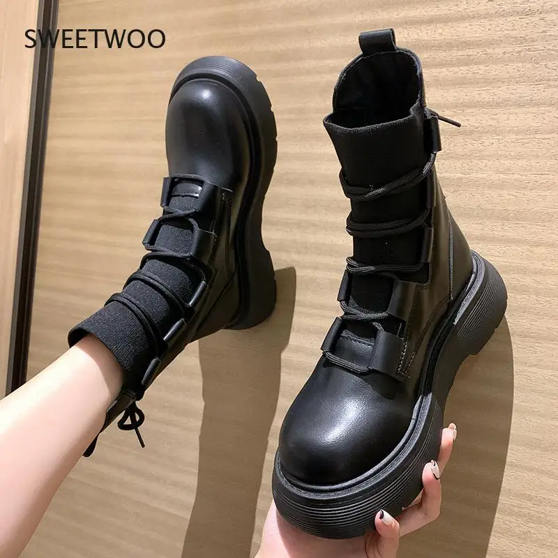 2021 New Lace Up Black White Ankle Boots For Women Designer Ladies PU Leather Platform Boots