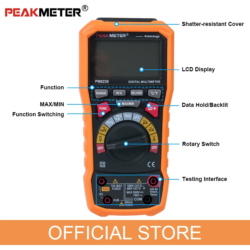 PEAKMETER PM8236 Auto Gamma manuale Multimetro tester Digitale professionale con TRMS Temperatura capacità di frequenza NCV Test