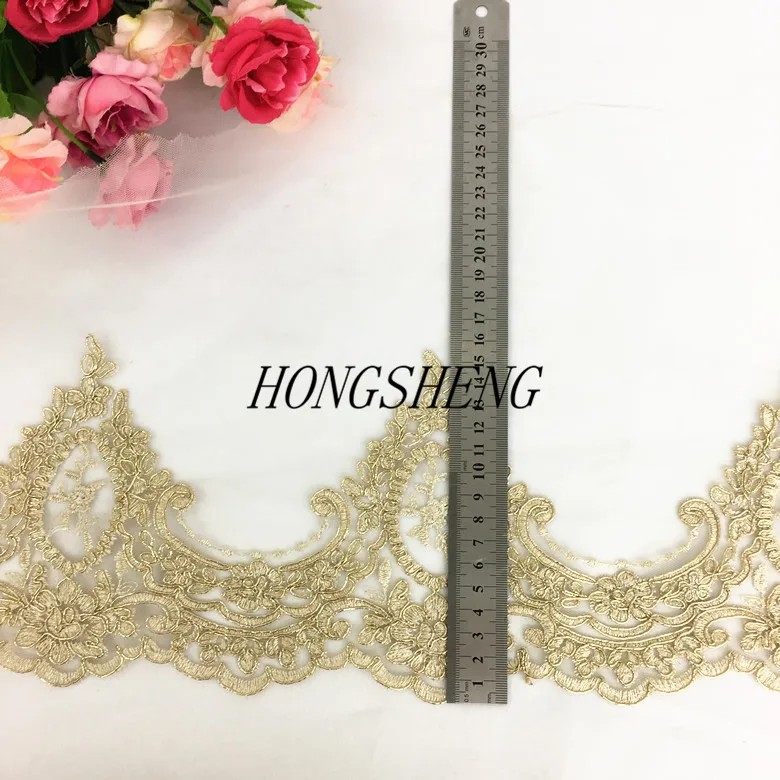 1Yard Light Gold Cord Embroidery Lace Trim for Bridal Wedding Gown Costume Design Lace Mesh 16CM
