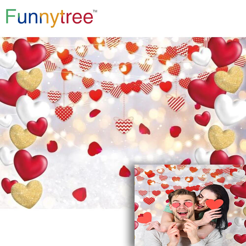 

Funnytree Wedding Party Valentine's Day Background February 14th Gold Bokeh Bridal Shower Heart Engagement Photophone Backdrop