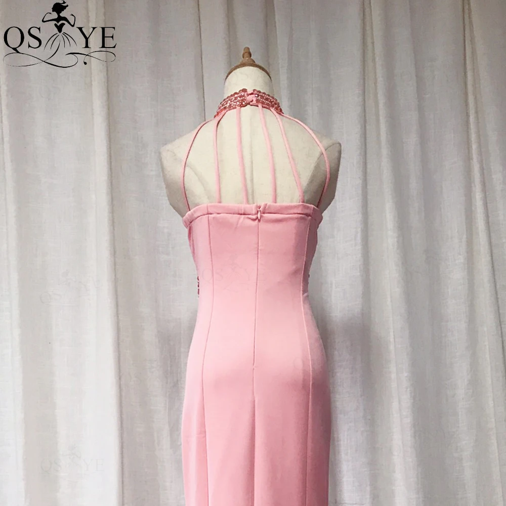 QSYYE Pink Evening Dresses Elastic Beading High Neck Mermaid Evening Gown Crystals Party Dress Split Basque Waist Formal Dress