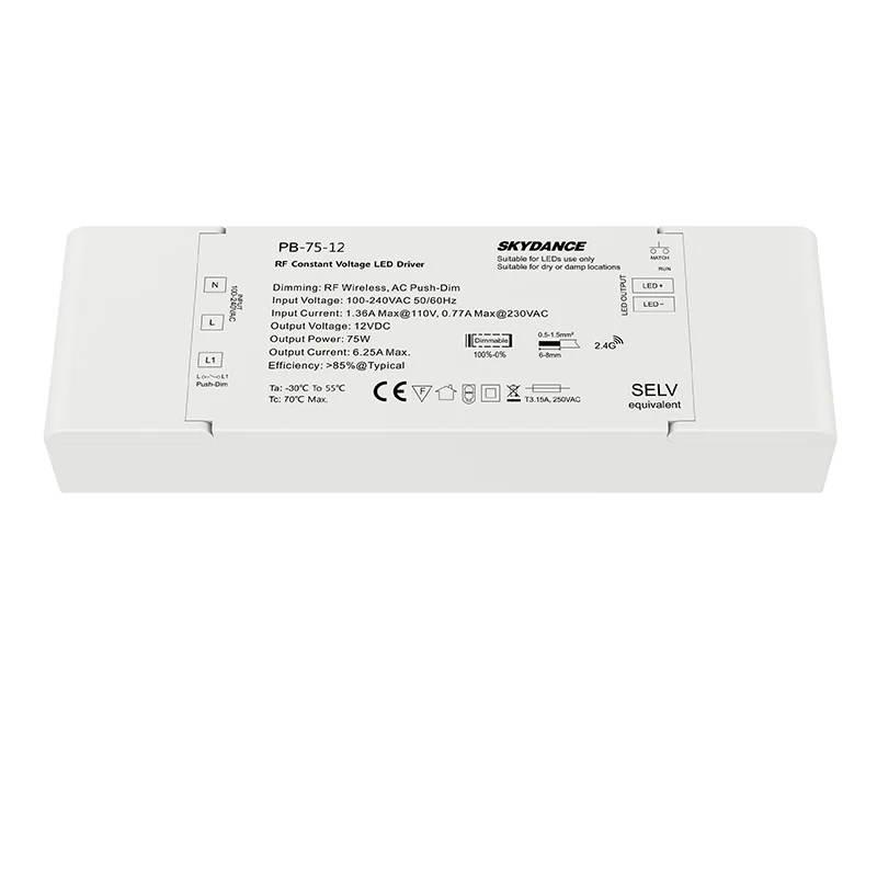 Nowy sterownik przyciemnianie LED RF 2.4G sterowanie bezprzewodowe AC 110V 220V do DC 12V 24V 75W wyjście CV stałe napięcie PB-75-24