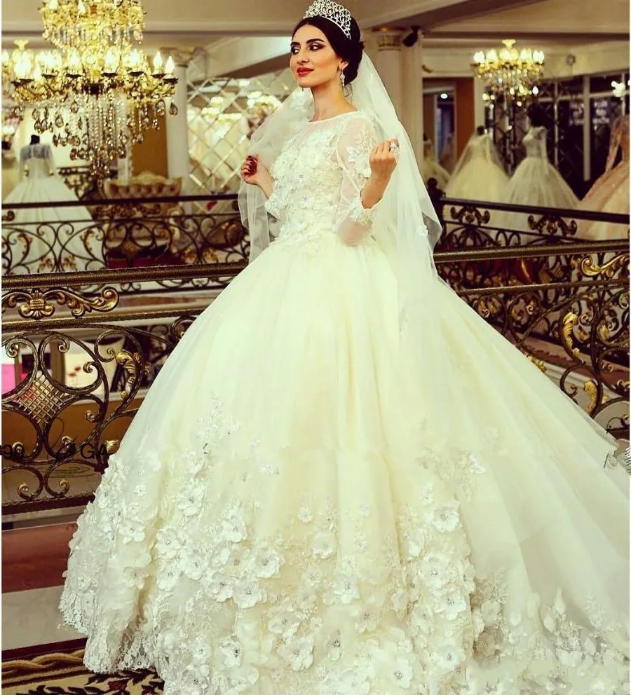 Neues Hochzeitskleid 1 m Zug 2025 Luxus Spitze Perlenapplikation 3D Blumen Ärmel Arabisches Brautkleid Robe De Mariage Maßgeschneidert