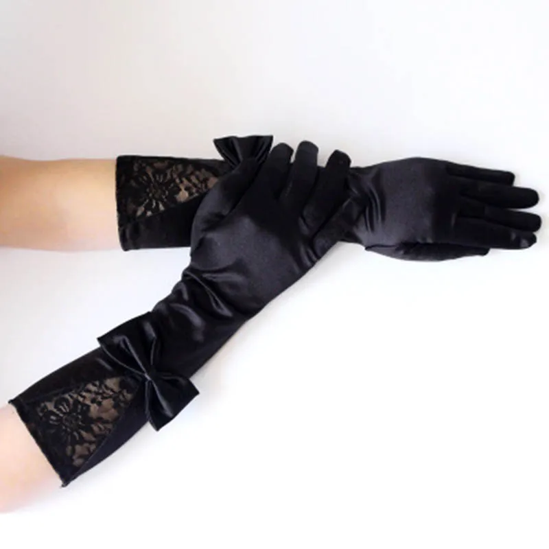 Guantes de satén de manga larga para mujer, accesorios de vestir, sexy, con lazo de encaje, para baile, rendimiento, etiqueta, para club nocturno,