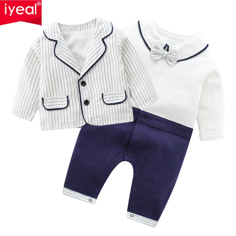 IYEAL Newborn Baby Rompers With Jacket Baby Boy Clothes Jumpsuit Overalls Infant Cotton Outfit with Bow Tie Costume 2Pieces/Set