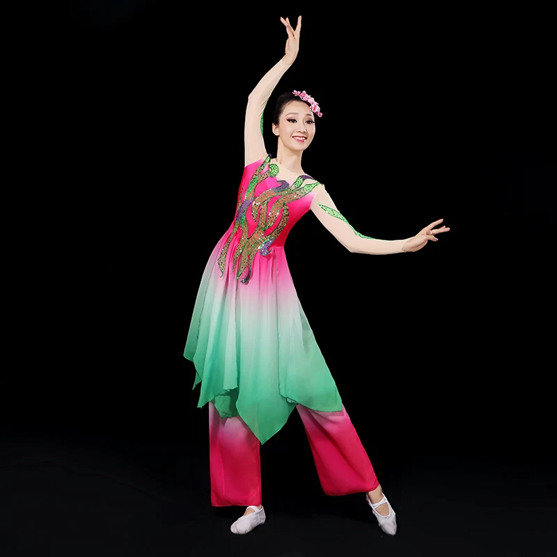 Classical Dance Costume Women 2 Piece Set Chinese Style Modern Fairy Fan Dance Costume Yangko Suit Green Dress Pink Pant 3XL