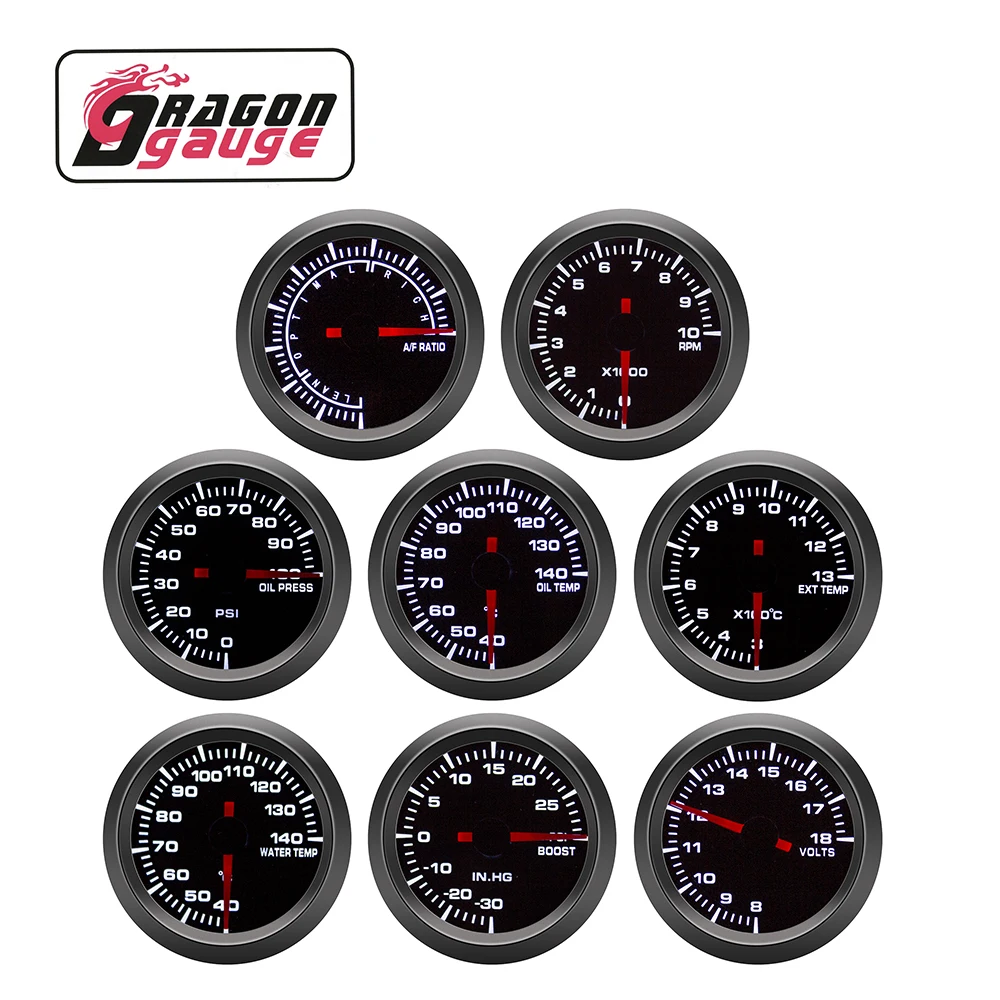 「DRAGON」 52mm Boost Tachometer PRM Voltmeter Air-Fuel Ratio Water Temp Oil Temp Oil Press EGT Gauge Racing Meter Fit for 12V Car