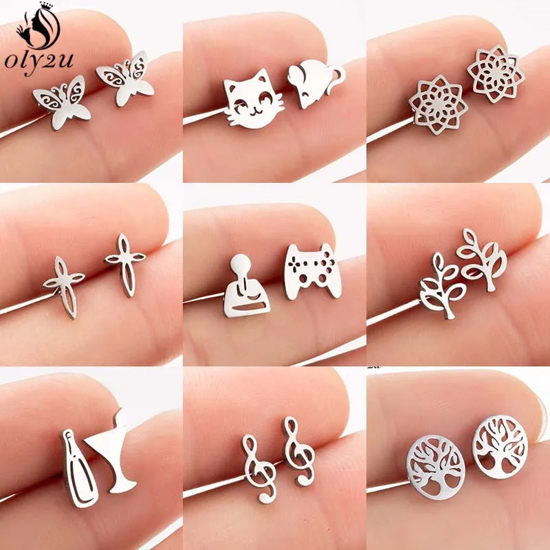 New Fashion Cat Mouse Studs Earrings Small Stainless Steel Mandala Butterfly Music Earings Game Controller Ear Piercing Jewelry