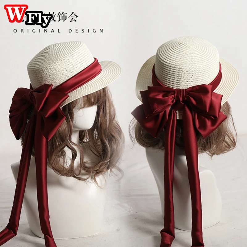 Harajuku Sweet Women Girls Summer Seaside Straw Sun Hat Kawaii Lolita Cosplay Lace Ribbon Bowknot Straw hats Ladies Elegant Cap