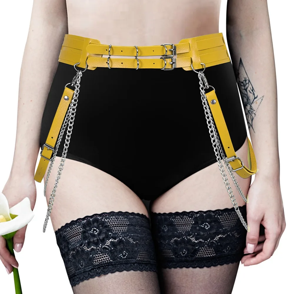 Ligas de cadena de Metal para mujer, accesorios de arnés de cuero, lencería Sexy, estilo gótico Punk, vestido de baile, ropa Rave, medias