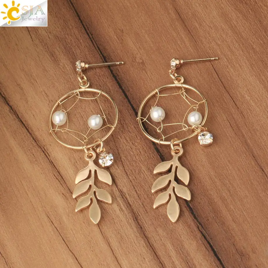 CSJA Dream Catcher Stud Earrings Matted Gold Color Metal Earrings Leaf Tassel Elegant Earrings Accessories Jewelry Korean S706