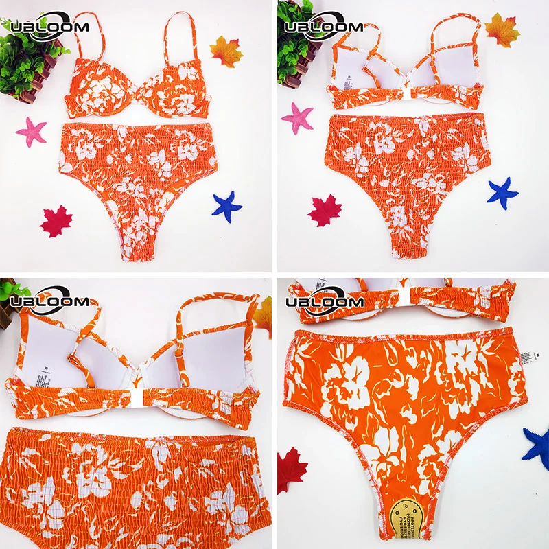 Bikini plissé à armatures pour femmes, maillot de bain deux pièces, Sexy, taille haute, soutien-gorge Push Up, motif Floral, pour baigneurs