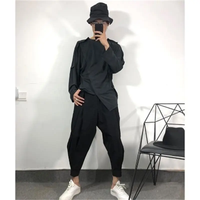 Original fashion male dark designer loose hair side slit t-shirt Japanese fashion brand long solid-color shirt