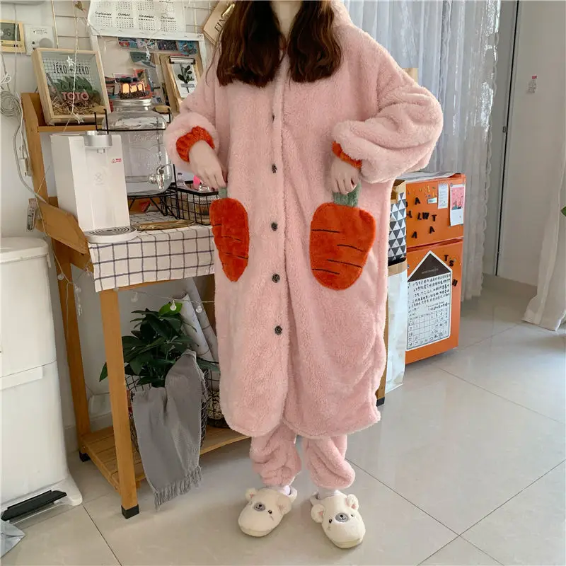 

Casual Flannel Pajamas Kimono Gown Hooded 2pcs Nightwear Soft Female Intimate Lingerie Loose Nightgown Coral Fleece Homewear